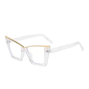 Modern cat-eye glasses in transparent frames with elegant V-shaped golden metal accents