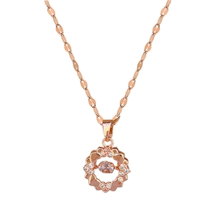 Elegant rose gold titanium necklace with hollow circular pendant and pink stone