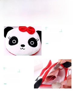Detail of cute panda coin purse featuring soft plush texture and secure zipper closure