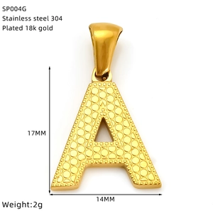 Detail of 18K gold plated stainless steel letter A pendant with textured dot surface