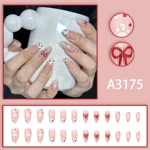 French leopard print press-on nails with red bow and polka dot patterns, 24 piece set