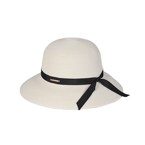 Elegant wide brim straw sun hat for women with black ribbon bow and gold metal accent