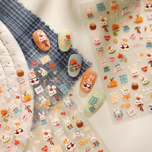 5D embossed autumn bunny and pumpkin embroidery style nail art stickers for sweet girls
