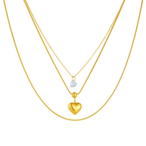 Double layer gold stainless steel necklace with blue and gold heart-shaped pendants