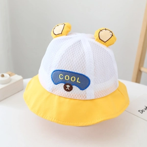 Detail of baby sun hat featuring breathable mesh fabric, bear ears and cool embroidery