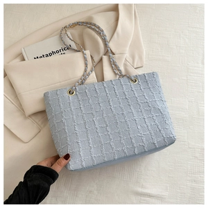 Detail of light blue woven tote bag with gold chain and leather shoulder strap
