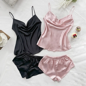 Women's silk satin camisole and shorts pajama set in black and pink two-piece options