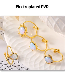Detailed view of four 18K gold-plated opal rings in floral, heart, and teardrop shapes