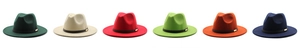 Selection of wide brim wool fedora hats in six vibrant colors with gold metal buckles