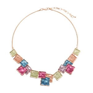 Colorful geometric square pendant necklace with rose gold chain and textured enamel finish