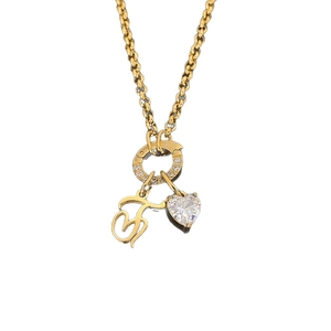 Gold titanium steel necklace with heart crystal and artistic letter J pendant
