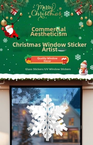 Detailed view of white snowflake window stickers with frosted UV printing texture