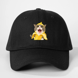 Schwarze Baumwoll-Baseballkappe mit niedlichem Cartoon-Bananen-Katzen-Print vorne