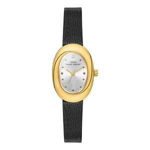 Montre dorée ovale élégante pour femme avec cadran argenté et bracelet en cuir noir sur blanc