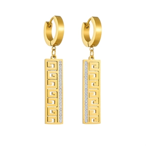 Gold hollow rectangular clip earrings with Greek key pattern and small clear zircon stones