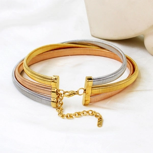 Three-tone multi-layered snake chain choker in gold, rose gold and silver finishes