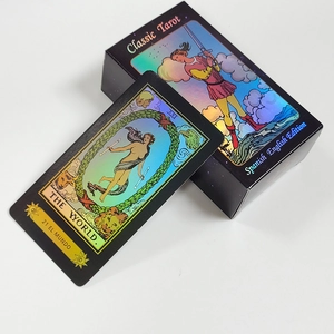 Detail of holographic Classic Tarot cards with laser finish in Spanish and English