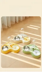 Detail of 2-in-1 pet feeder with stainless steel bowl and gravity water bottle