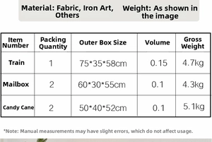Detailed size chart for Christmas decorations including train, mailbox and candy cane props