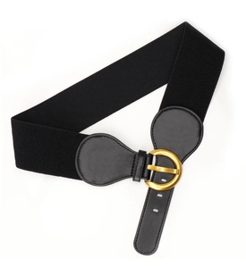Detail of black elastic waist belt with a round gold buckle and faux leather finish