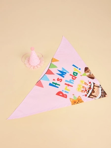Pink dog birthday set with polyester bandana and glitter hat featuring colorful party patterns