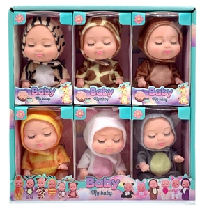 Detailed set of 6 sleeping baby dolls wearing various cute animal-themed plush costumes