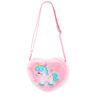 Close-up of pink plush heart bag featuring colorful unicorn embroidery and adjustable strap