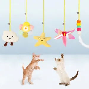 Hanging Interactive Cat Toy Plush Mouse Caterpillar Star Flower Elastic Rope Suction Cup Self Play Teaser With Bell