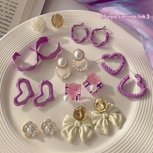 Artificial Pearl Alloy Earrings With Silver Earring Post Matte Lacquer Lavender Purple Geometric Flower French Retro Style Jewelry For Women