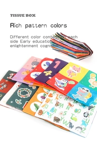 Close-up of colorful baby tissue box toy with alphabet and animal patterns for early learning
