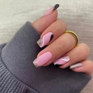 Press On Nails French Style Black White Wave Pattern Pink Long Square Plastic False Nails With Glitter For Women