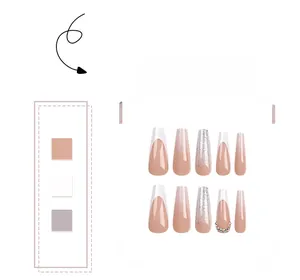 Detailed set of French coffin press-on nails featuring white tips, silver glitter, and rhinestones