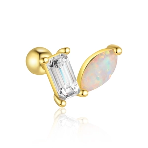 Macro detail of S925 silver ear stud with marquise opal and emerald-cut zircon stone