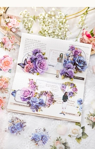 Floral PET tape stickers with purple roses and vintage figures for DIY journaling scrapbooks