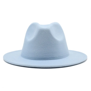 Detailed view of sky blue felt jazz fedora featuring classic crown and tonal stitching