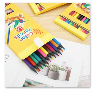 Macro shot of 12 vibrant color pencils sliding out from a yellow hexagonal box