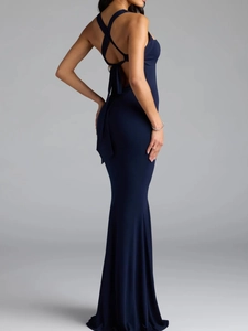 Elegant navy blue backless evening maxi dress with mermaid hem and lace-up design