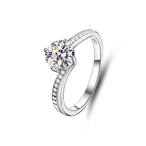 Elegant 1-carat S925 sterling silver moissanite ring with six-prong setting and twist band
