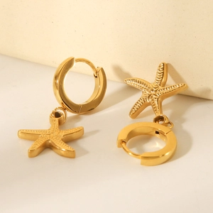 Elegant 18k gold plated stainless steel starfish drop earrings with circular hoop closure