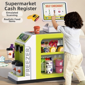 Kids self-checkout toy register set with scanner freezer and fake food items