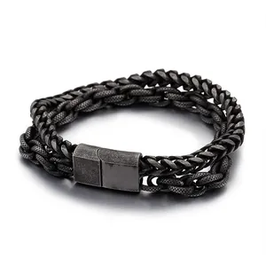 Dubbellaagse punk rock roestvrijstalen herenarmband met donkere metalen afwerking