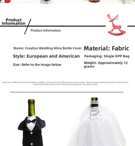 Detailed view of wedding dress and tuxedo wine bottle covers for holiday party decor