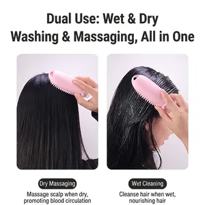 Pink silicone scalp massage brush for dry and wet hair with ergonomic handle design
