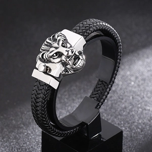Bracelet tête de lion punk pour homme en acier inoxydable poli avec cuir tressé noir