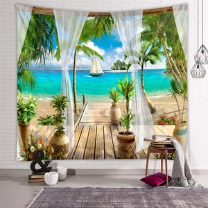 Detail view of a tropical beach tapestry on wall creating a realistic window view effect