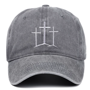 Washed dark gray baseball cap featuring three white embroidered crosses and curved brim