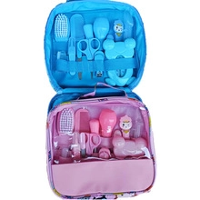 Detailansicht der Babypflegesets in Rosa und Blau mit Beuteln und täglichem Zubehör