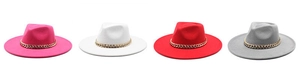 Detail showing wool fedora hats in four colors with decorative gold metal chain bands