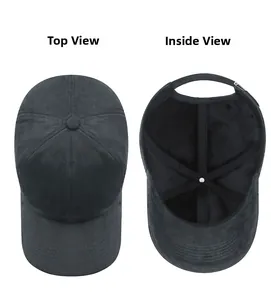 Detail view of black velvet baseball cap showing top stitch and inner lining structure
