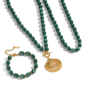 Vintage gold shell pendant jewelry set with green resin beads and stainless steel chains